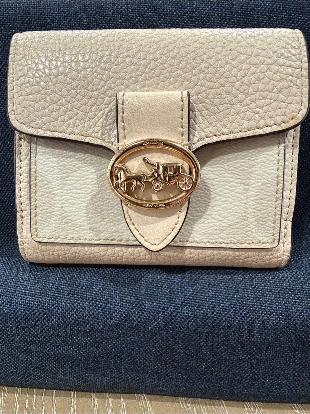 Coach Pebbled Leather Small Wallet in Chalk and Cream with Gold Hardware